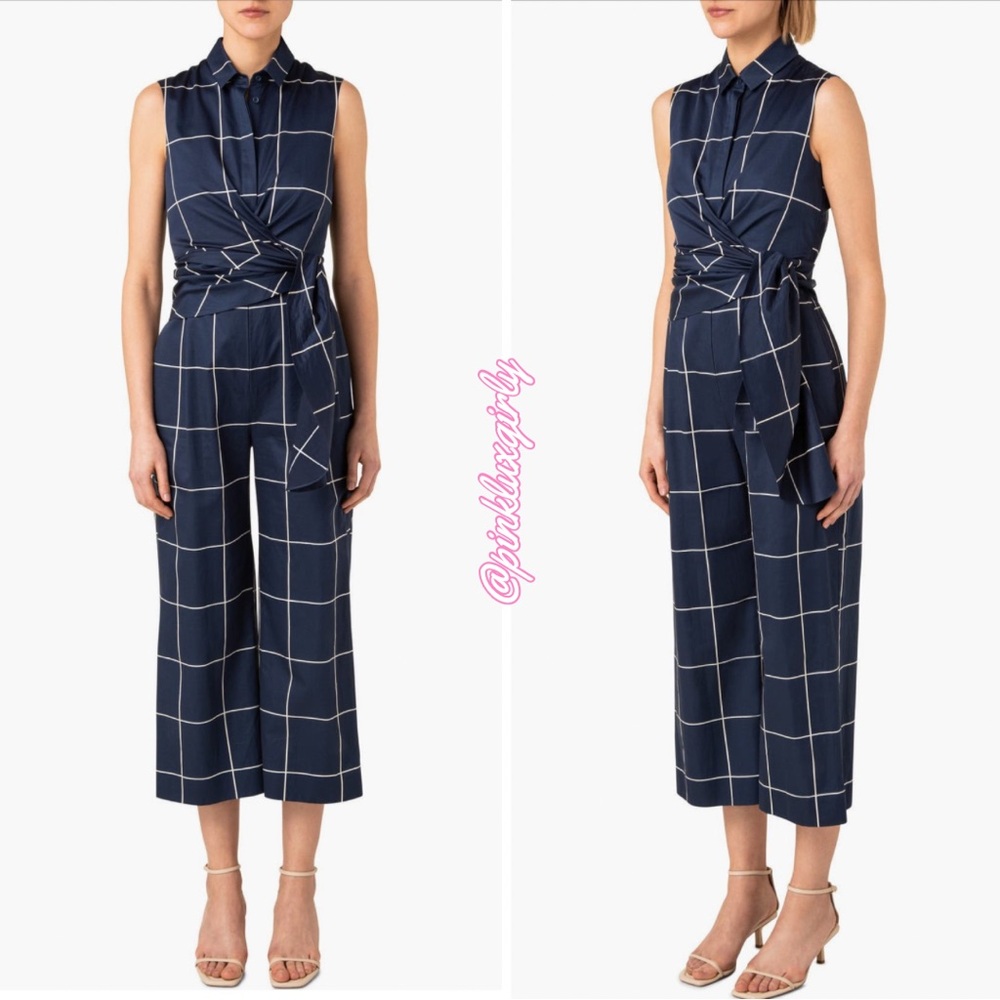 $1390 Akris Punto Window Check Satin Wide-Leg Crop Jumpsuit